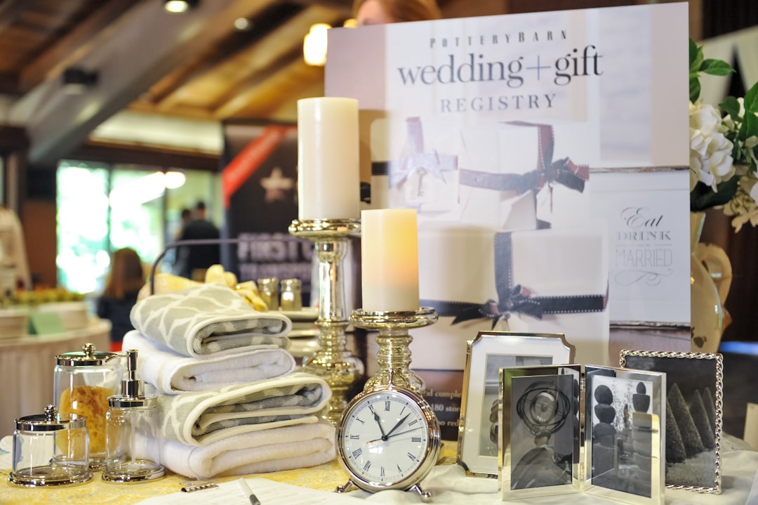 Elegant wedding gift registry display with wrapped presents